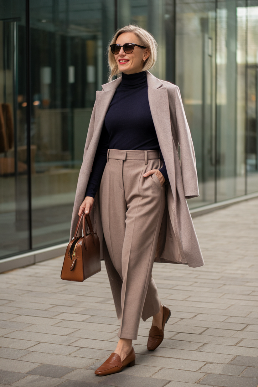 A woman in beige wool trousers, a navy turtleneck, and brown loafers embodies classic old money style.