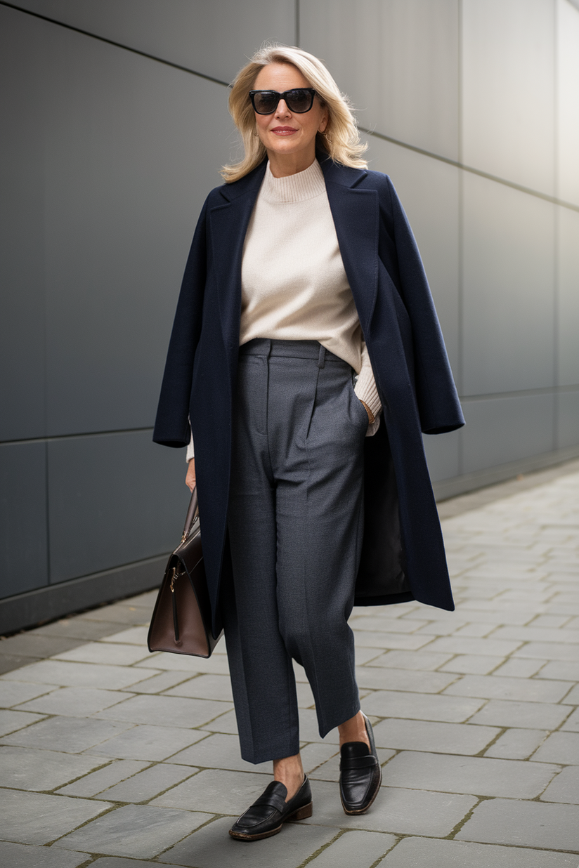 A woman in high-waisted grey trousers, a navy coat, and black loafers embodies timeless old money fashion.