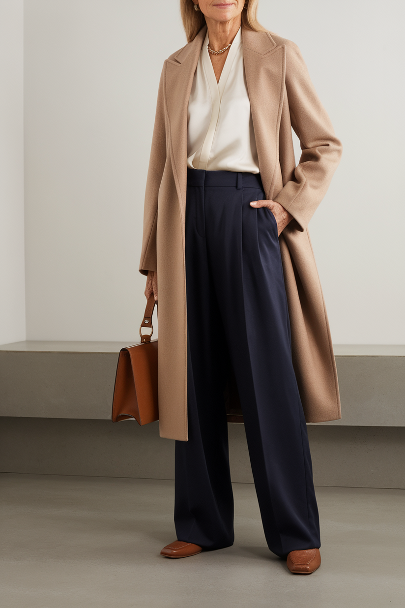 A woman in pleated navy trousers, a white blouse, and a camel coat showcases timeless old money style.