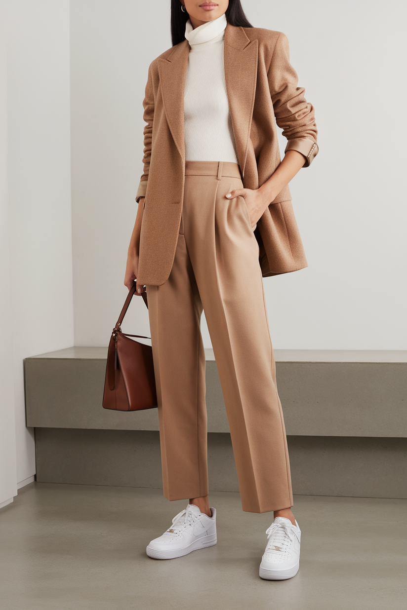 A woman in beige trousers, a camel blazer, and white Air Force 1 sneakers presents a refined yet casual old money look.