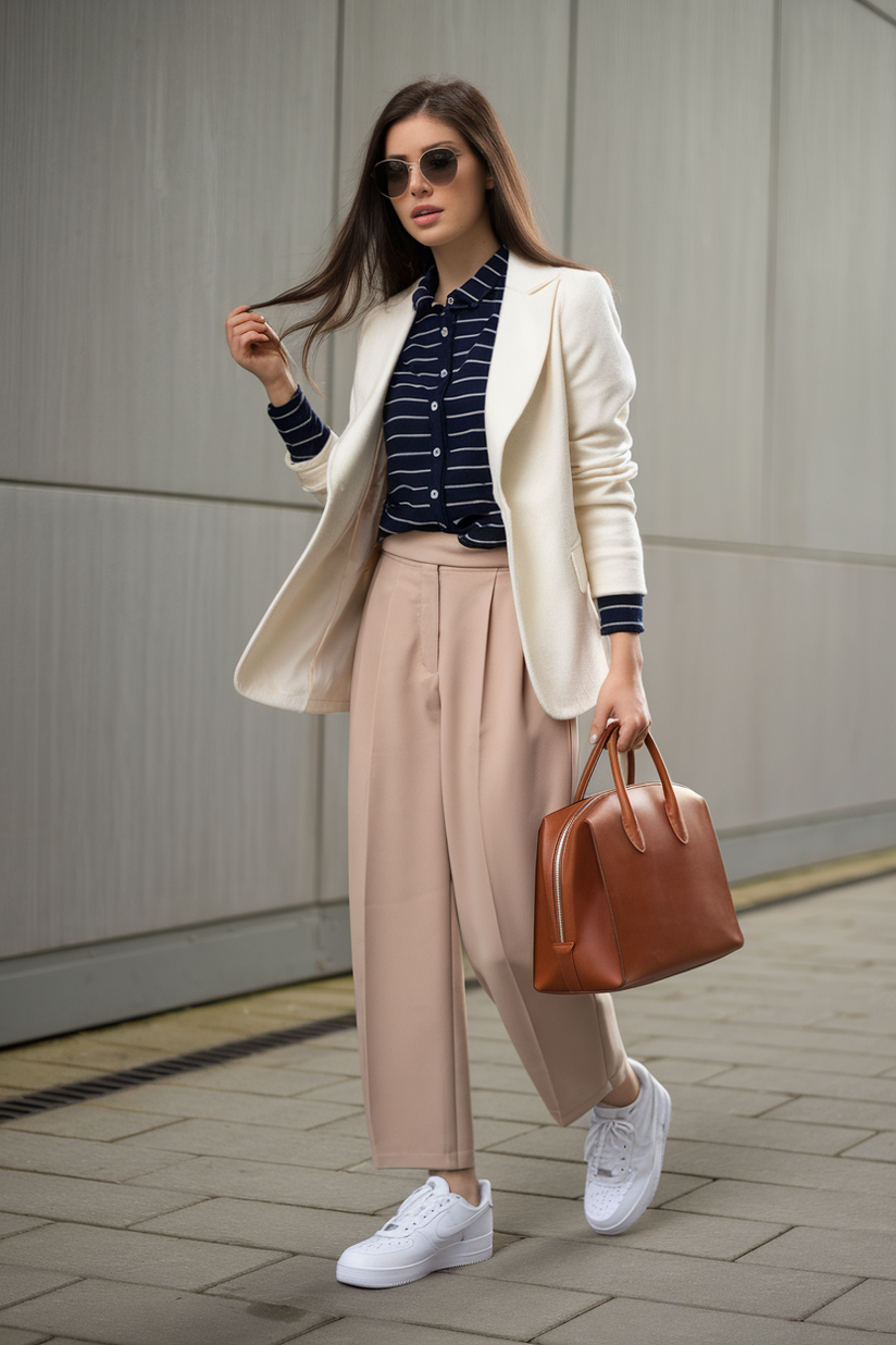 A woman in beige trousers, a cream blazer, and white Air Force 1 sneakers presents an old money-inspired modern look.