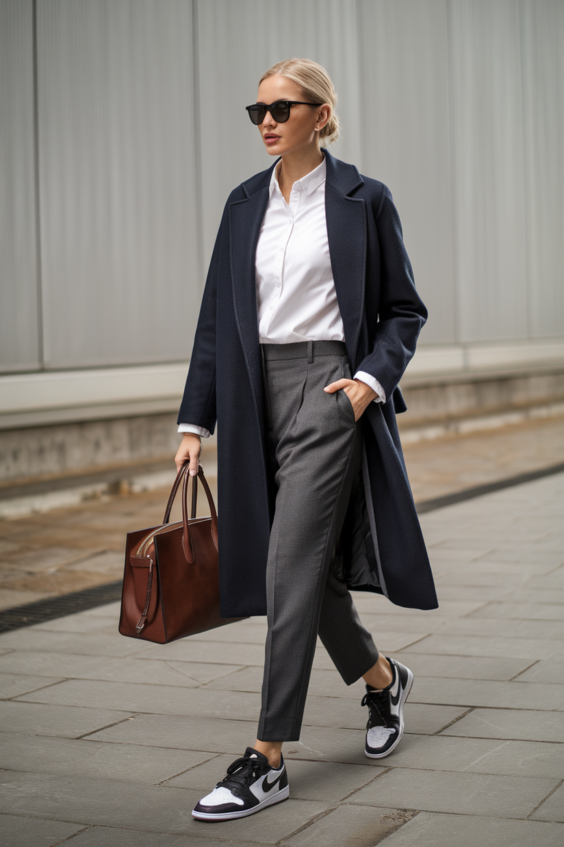 A woman in grey trousers, a navy wool coat, and Jordan 1 sneakers blends old money style with modern sneakers.