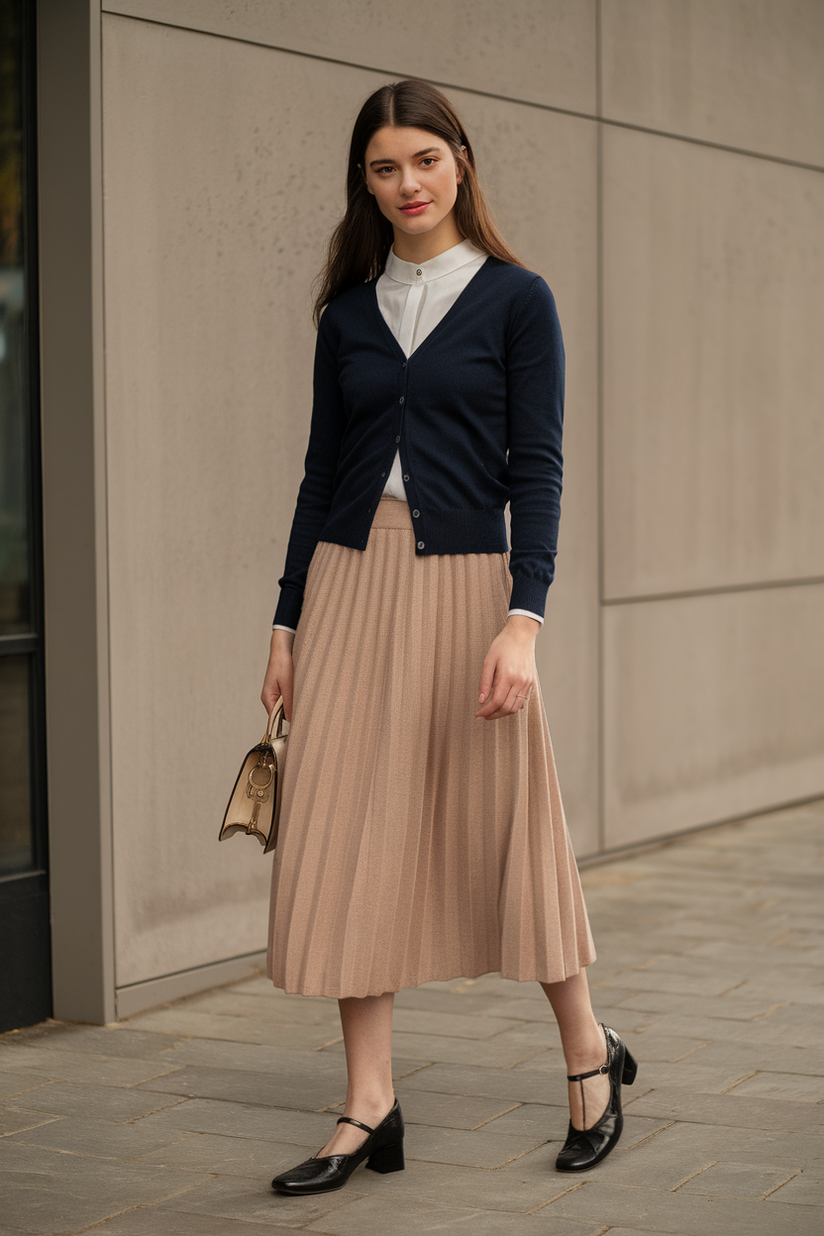 A woman wears a beige pleated skirt, a navy cardigan, and black Mary Janes, reflecting timeless old money fashion.