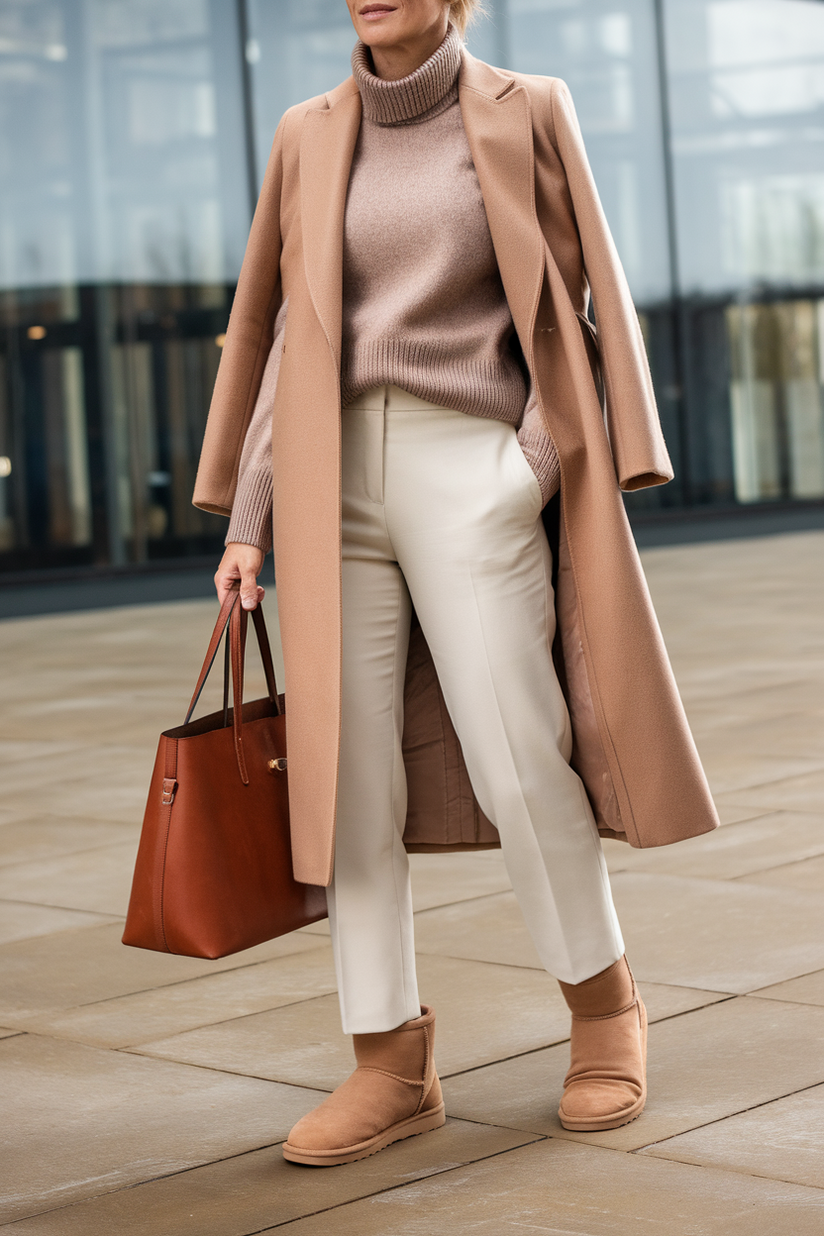 A woman in cream trousers, a camel coat, and chestnut Ugg boots embodies understated old money style.