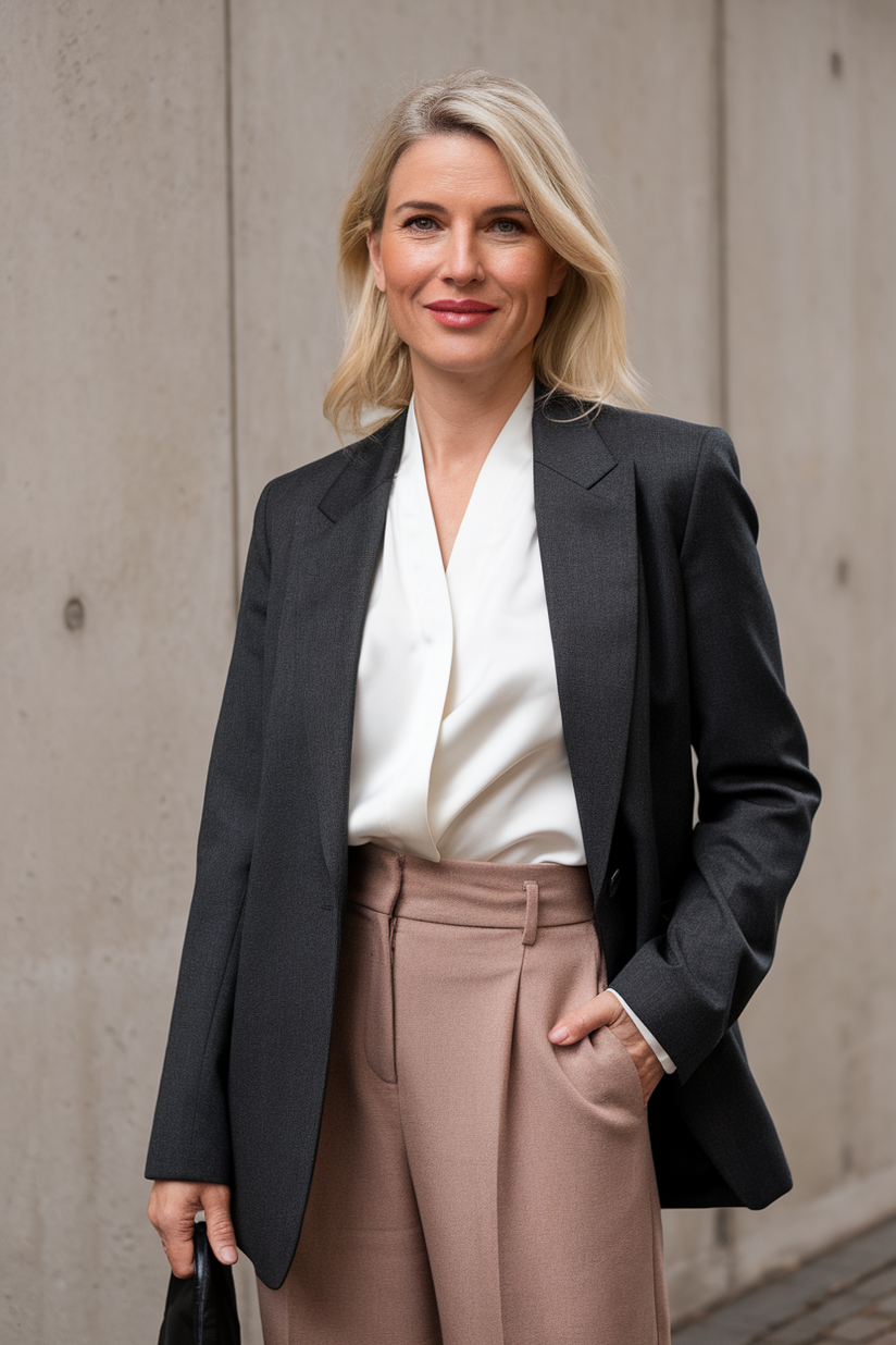 A woman in beige wool trousers, a grey blazer, and black ankle boots showcases refined old money fashion.