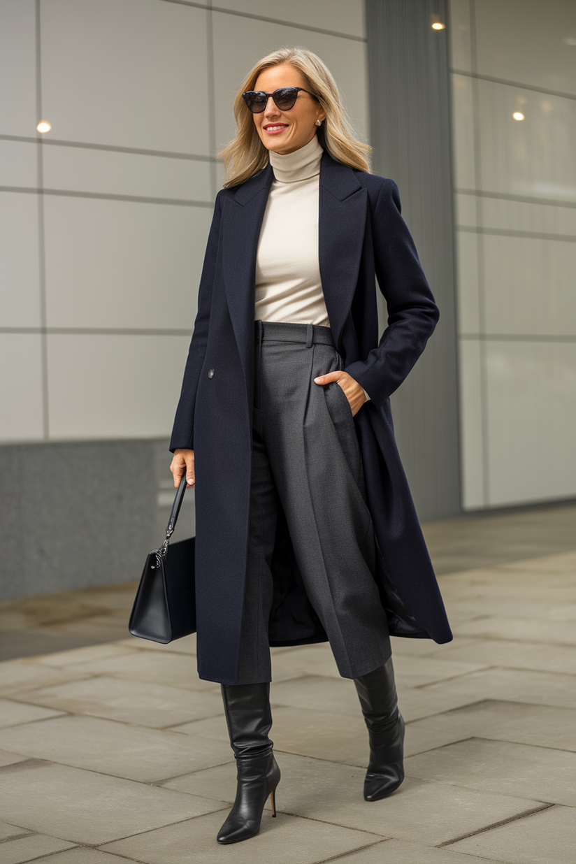 A woman in grey trousers, a navy coat, and knee-high boots embodies classic old money elegance.