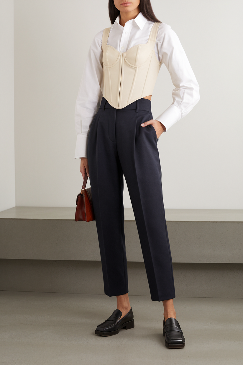 A woman in high-waisted navy trousers, a cream corset top, and black loafers blends old money style with modern elegance.