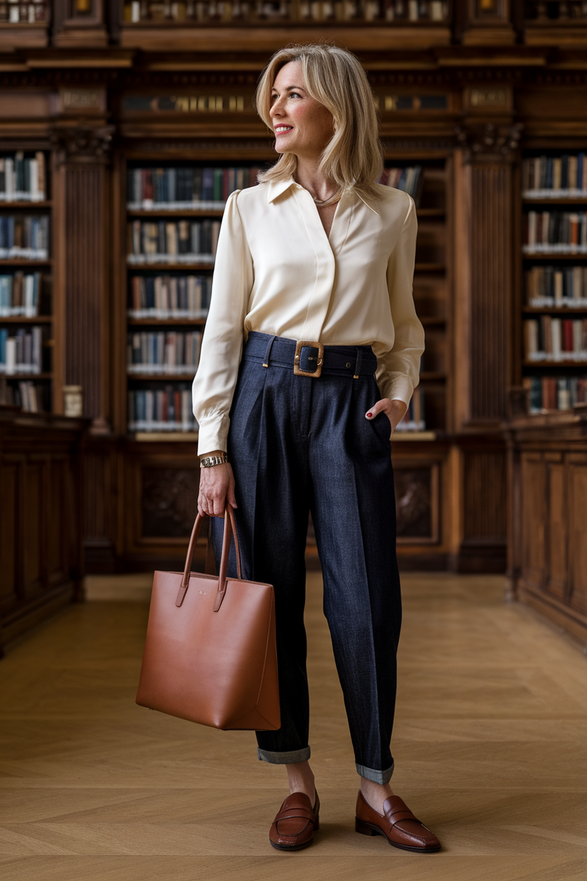 A woman in dark denim pants, a silk blouse, and brown loafers showcases old money style.