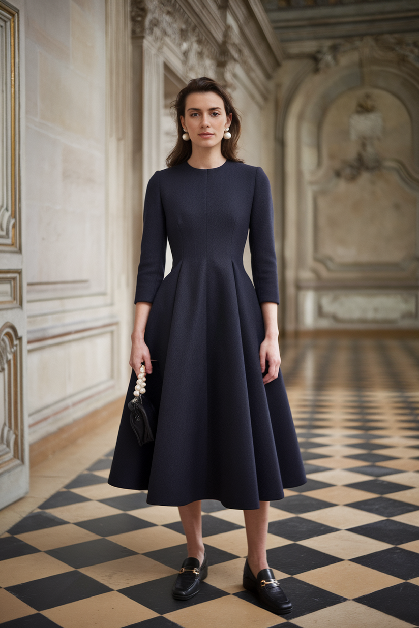 A woman wears a navy wool midi dress with pearl earrings and black loafers, embodying timeless old money style.