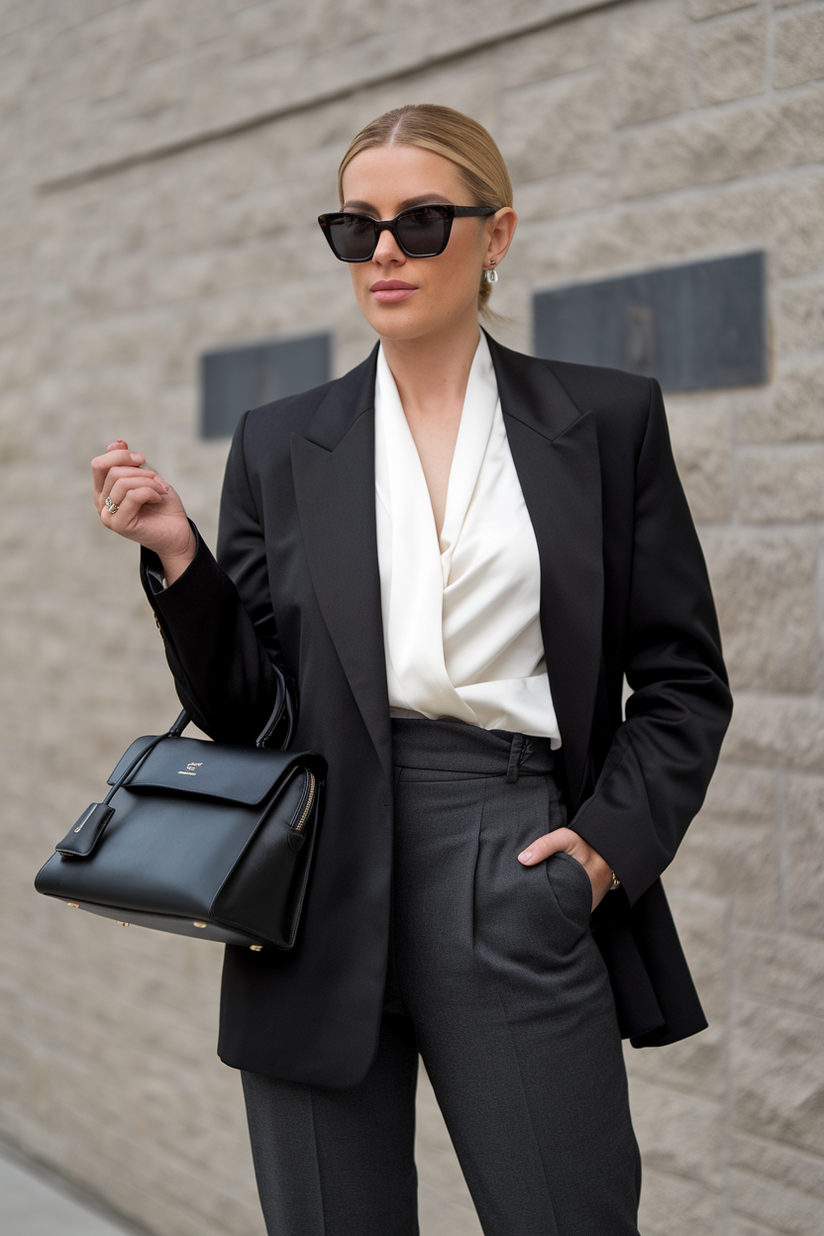 A woman in grey trousers, a black blazer, and ankle boots presents a refined old money look with a modern edge.