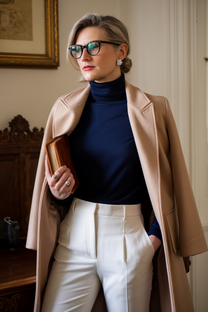 A woman in a camel coat, white trousers, and black eyeglasses embodies refined old money style.