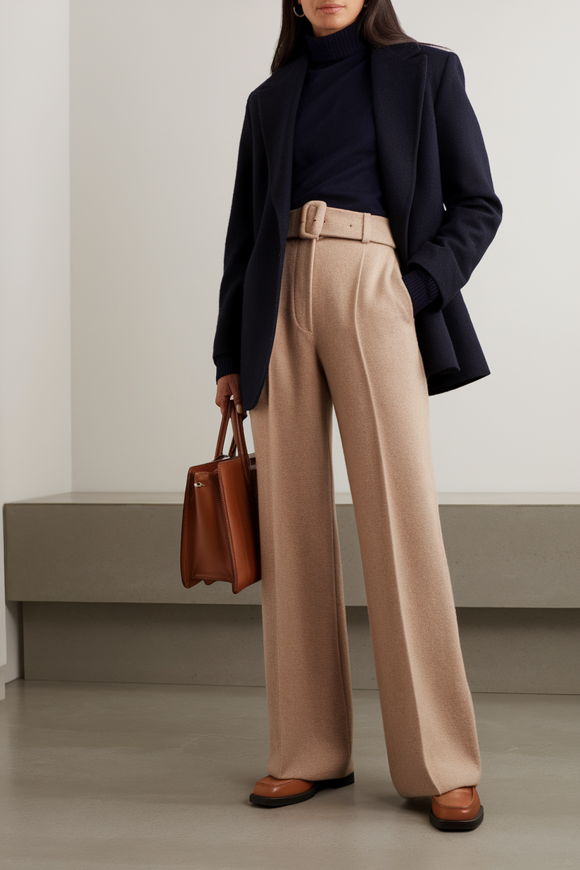 A woman in beige flared trousers, a navy sweater, and brown loafers reflects old money sophistication.