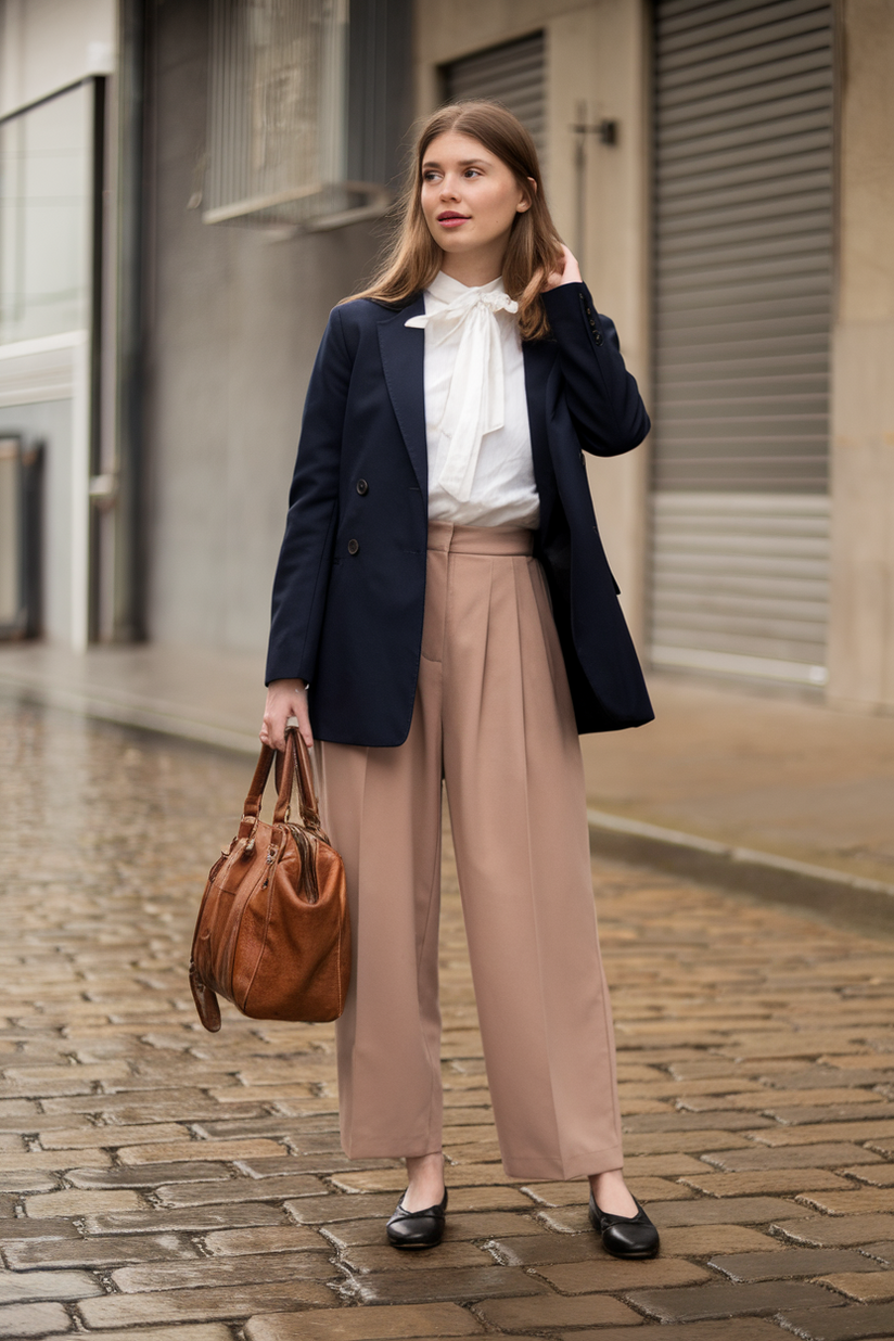 A woman wears pleated beige trousers, a navy blazer, and black ballet flats, reflecting old money fashion.