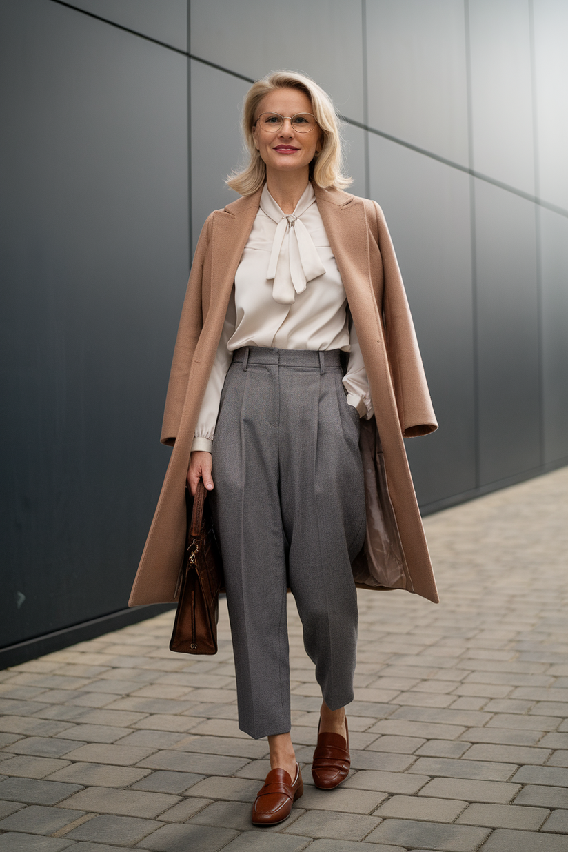 A woman in pleated grey trousers, a camel coat, and gold-rimmed eyeglasses embodies refined old money style.