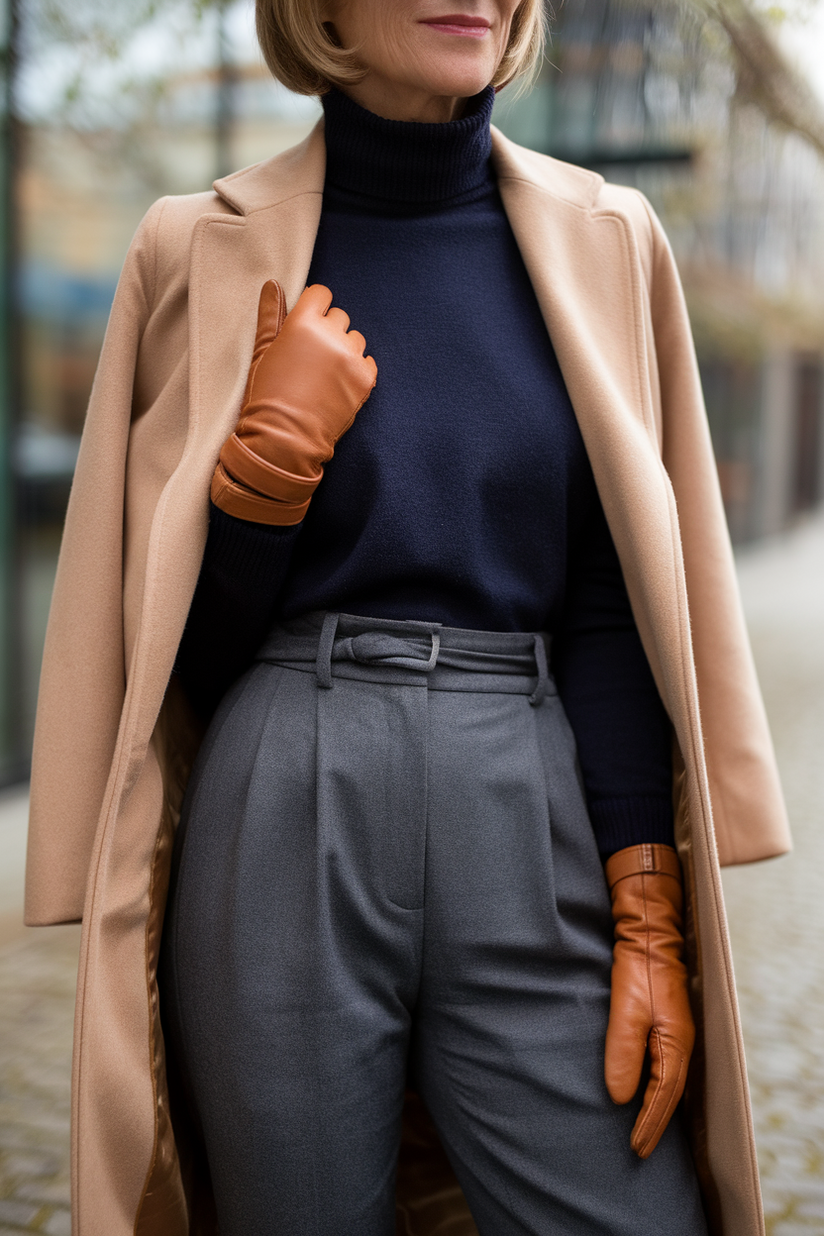 A woman in grey trousers, a camel coat, and brown gloves reflects elegant old money style.