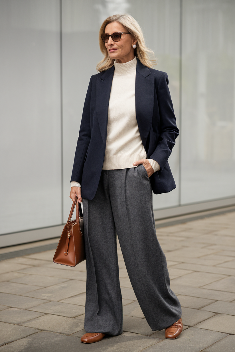 A woman in wide-leg grey wool pants, a navy blazer, and brown loafers presents a classic old money look.