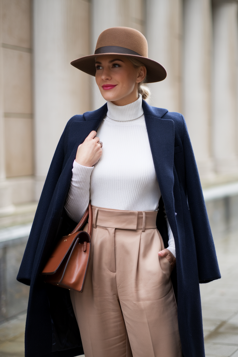 A woman in beige trousers, a navy coat, and a brown felt hat channels classic old money style.