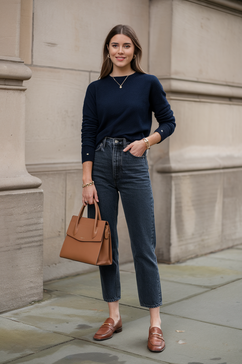 A young woman wears dark-wash jeans with a navy cashmere sweater and brown leather loafers, embodying old money style.