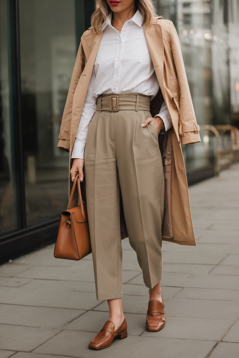 A woman in high-waisted khaki trousers, a white shirt, and brown loafers channels old money elegance.