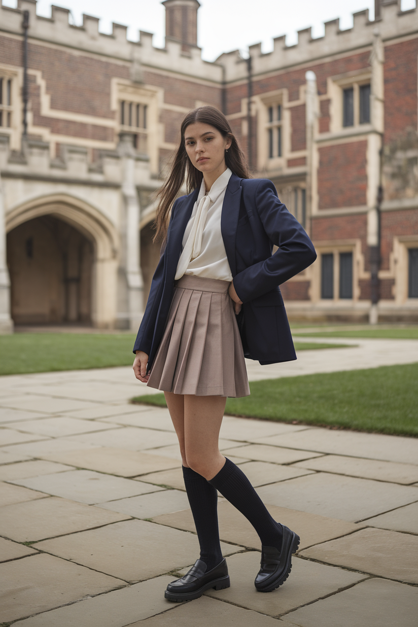 A woman wears a pleated beige mini skirt, a navy blazer, and black loafers for a refined old money look.