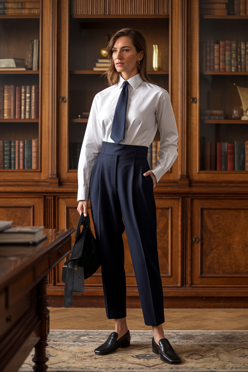 A woman in high-waisted navy trousers, a white shirt, and a silk tie embodies an old money aesthetic.