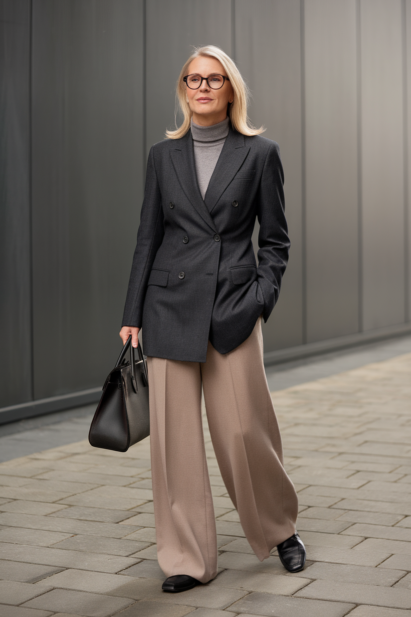 A woman in wide-leg beige trousers, a grey blazer, and black loafers embodies old money style.