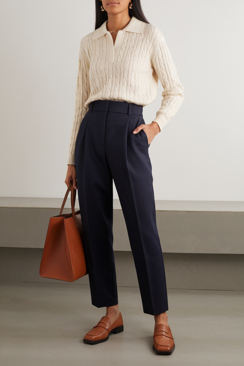 A woman in high-waisted navy trousers, a cable-knit polo sweater, and brown loafers embodies old money elegance.