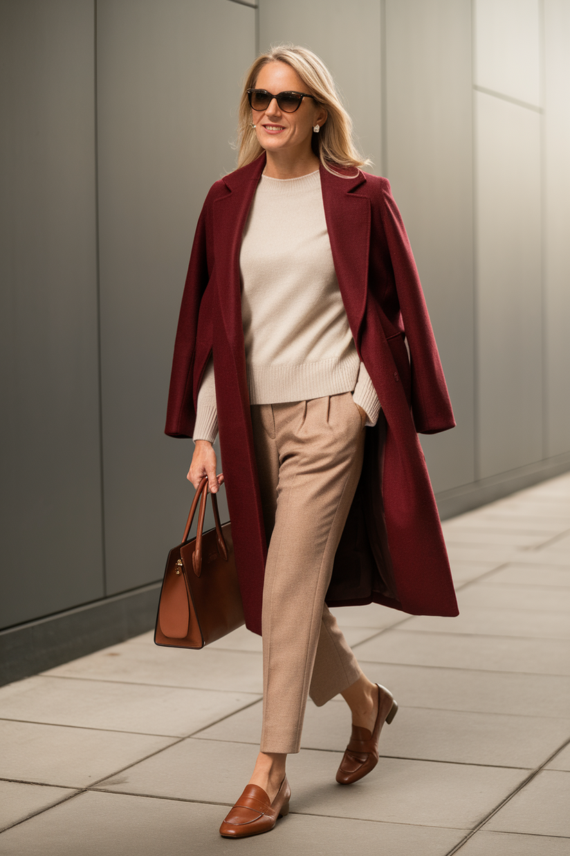 A woman in beige trousers, a red wool coat, and brown loafers exudes refined old money style.