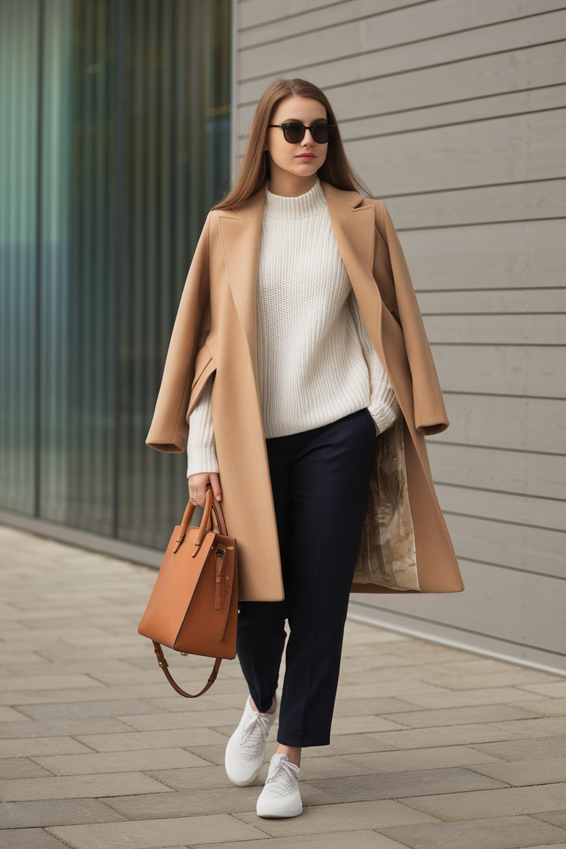 A woman wears navy trousers, a white sweater, and white rubber sneakers for a casual old money look.