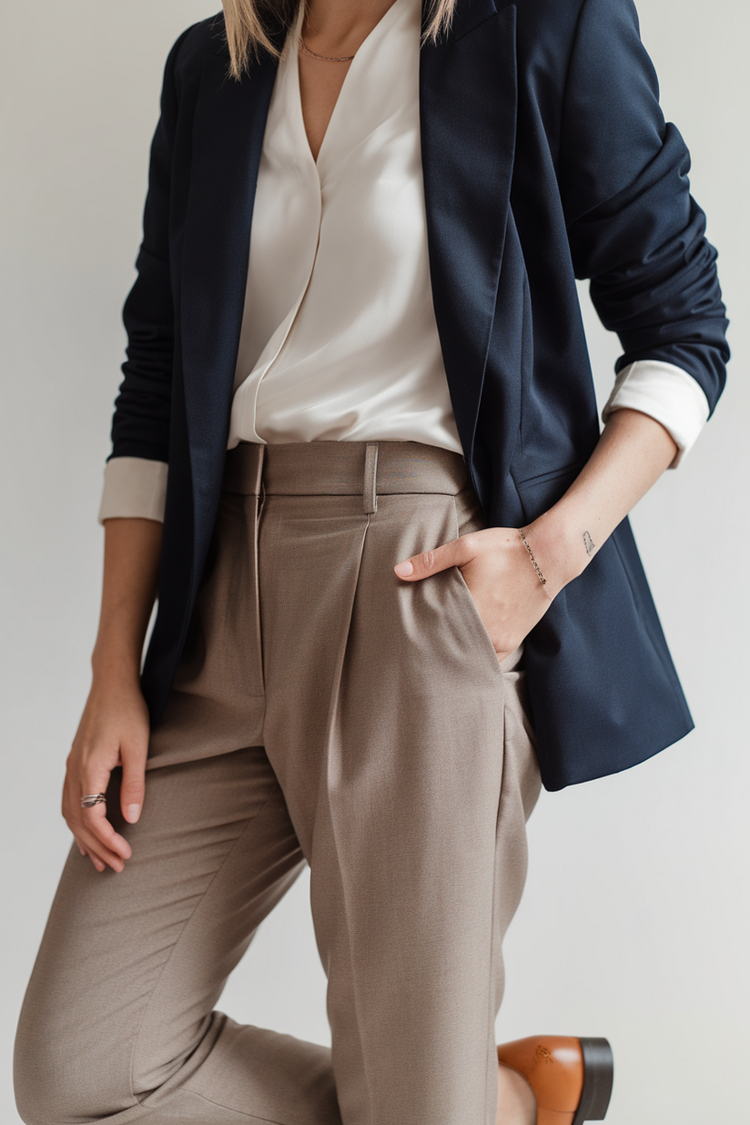 A woman in tailored beige trousers, a navy blazer, and brown loafers subtly showcases an old money aesthetic with a wrist tattoo.