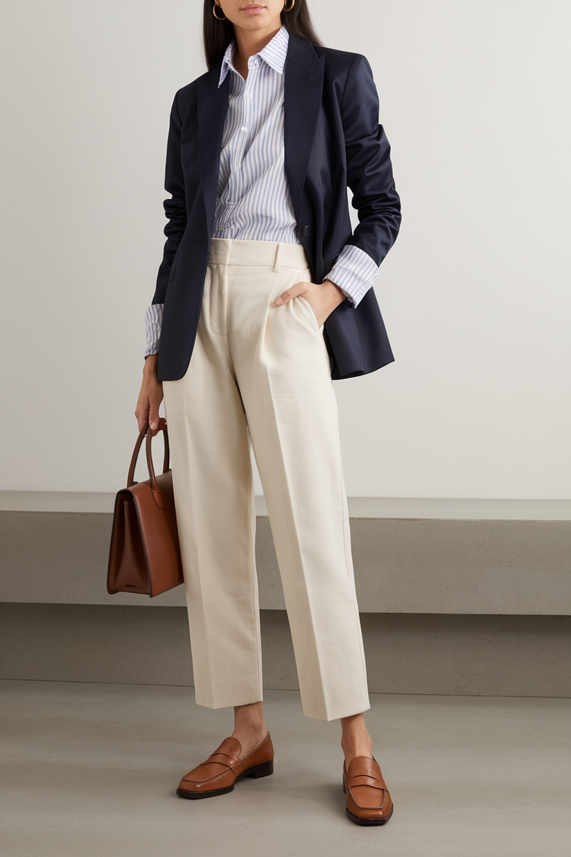 A woman in white trousers, a navy blazer, and brown loafers exudes old money sophistication.