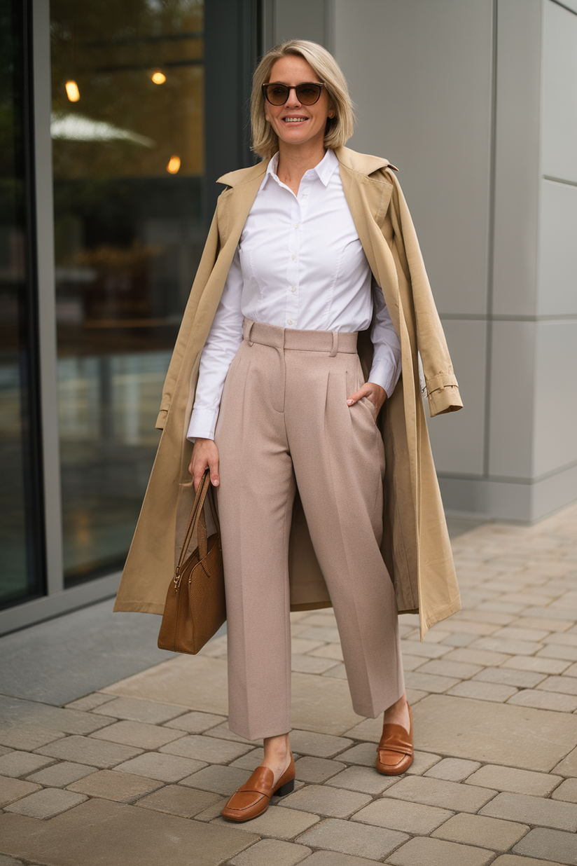 A woman in beige wool trousers, a white shirt, and a tan trench coat embodies classic old money style.