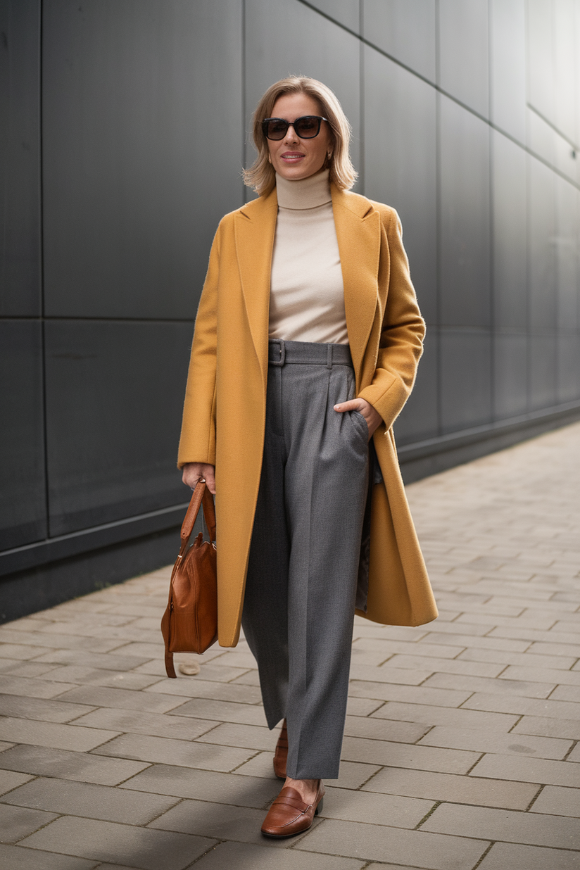 A woman in high-waisted grey trousers, a mustard yellow coat, and brown loafers presents a refined old money look.