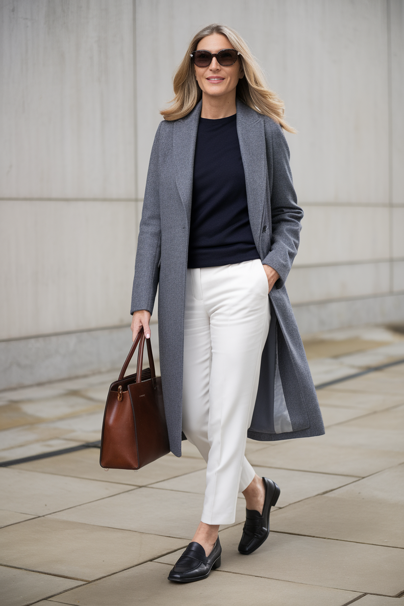 A woman in white trousers, a navy sweater, and a grey wool coat reflects old money sophistication.