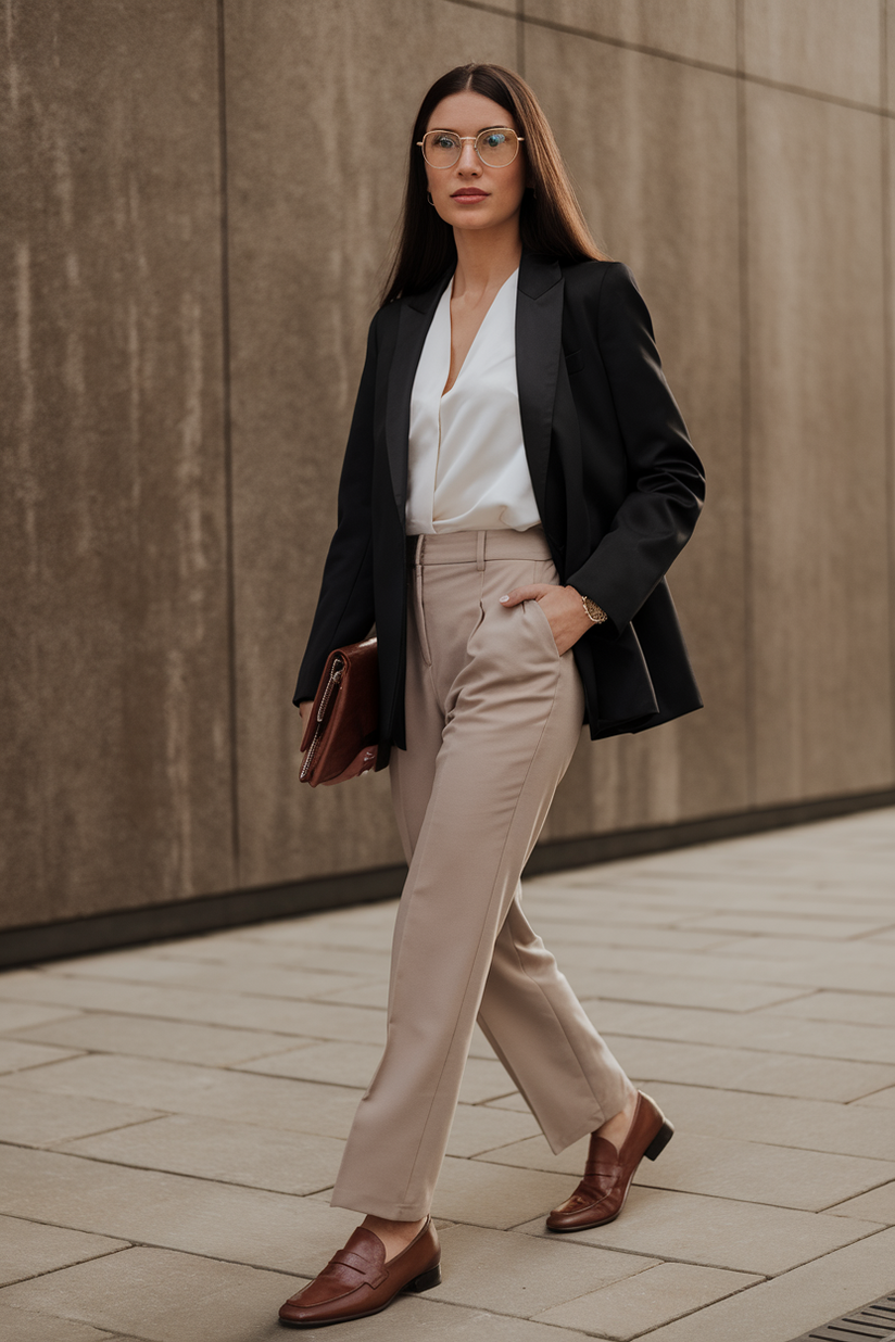 A woman in straight-leg beige trousers, a black blazer, and brown loafers embodies 1990s old money fashion.