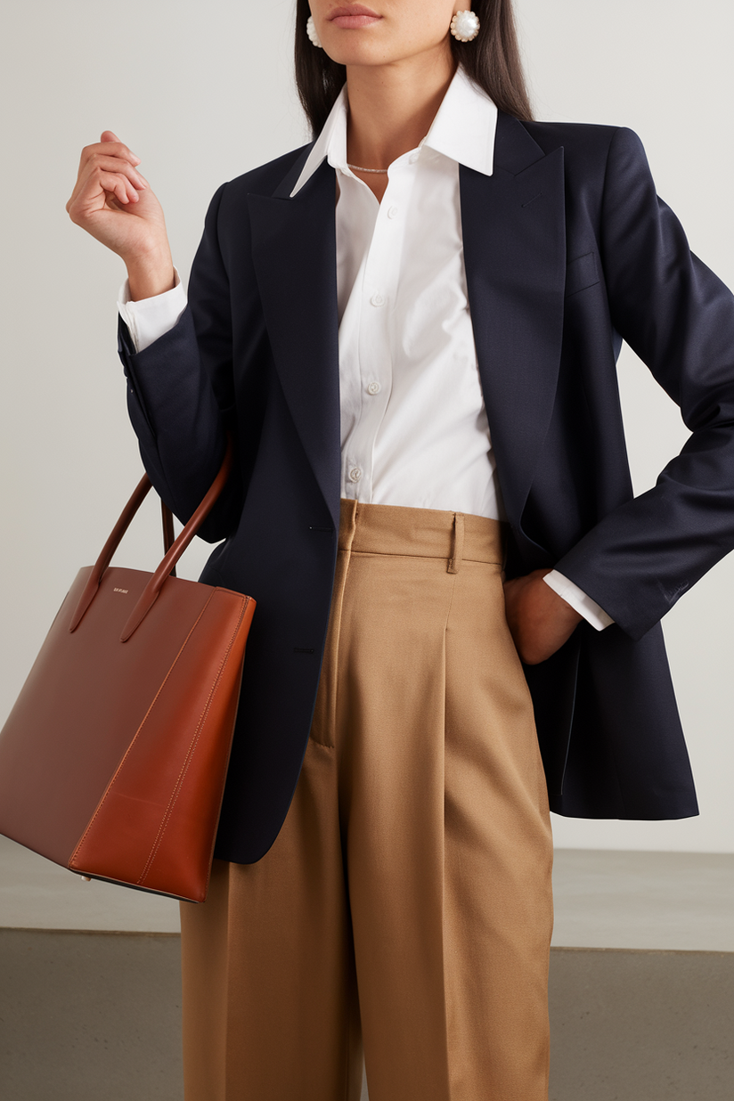 A woman in khaki trousers, a navy blazer, and brown loafers embodies classic preppy fashion.