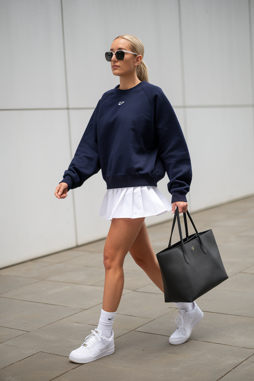 A woman wears a white tennis skirt, a navy sweater, and white Air Force 1s for a sporty preppy look.