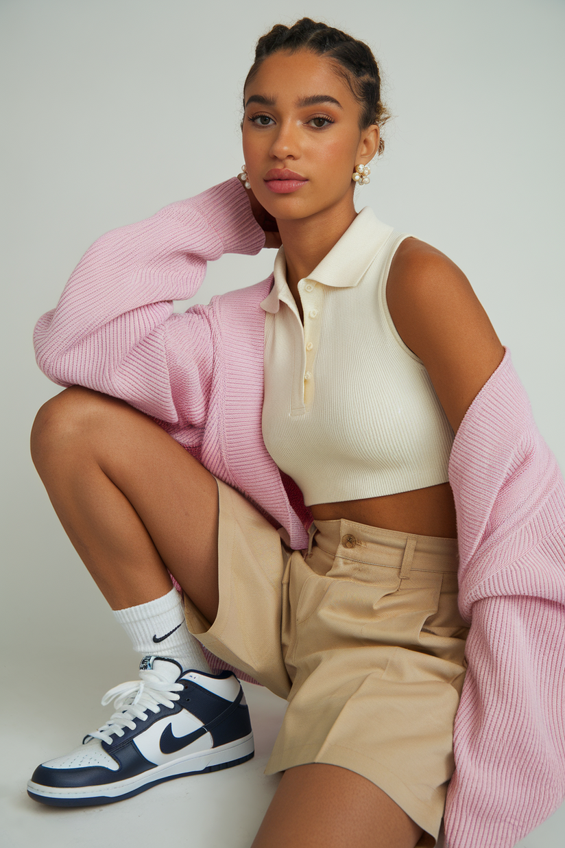 A woman wears khaki shorts, a white polo, and Nike Dunks, blending classic preppy style with a modern sneaker.