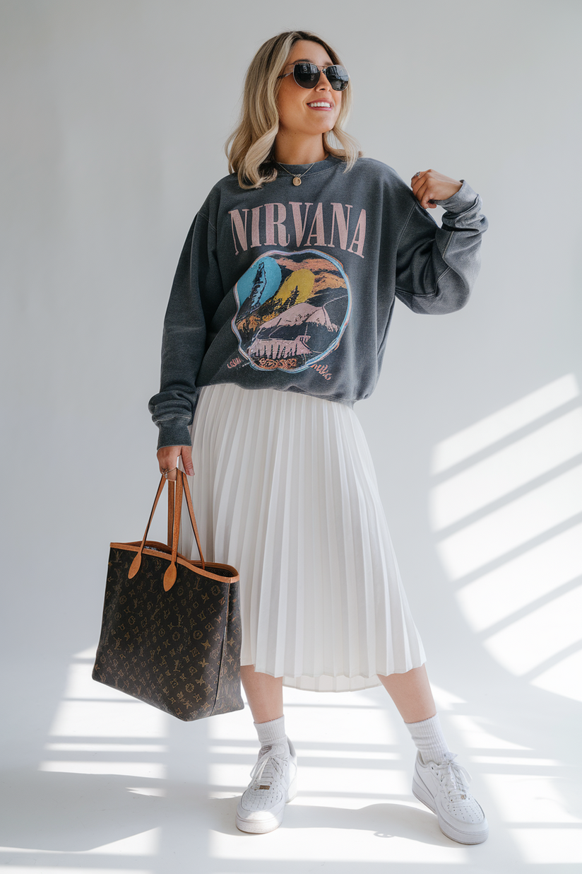 A woman in a white pleated skirt, a Nirvana sweatshirt, and white sneakers blends preppy and grunge aesthetics.