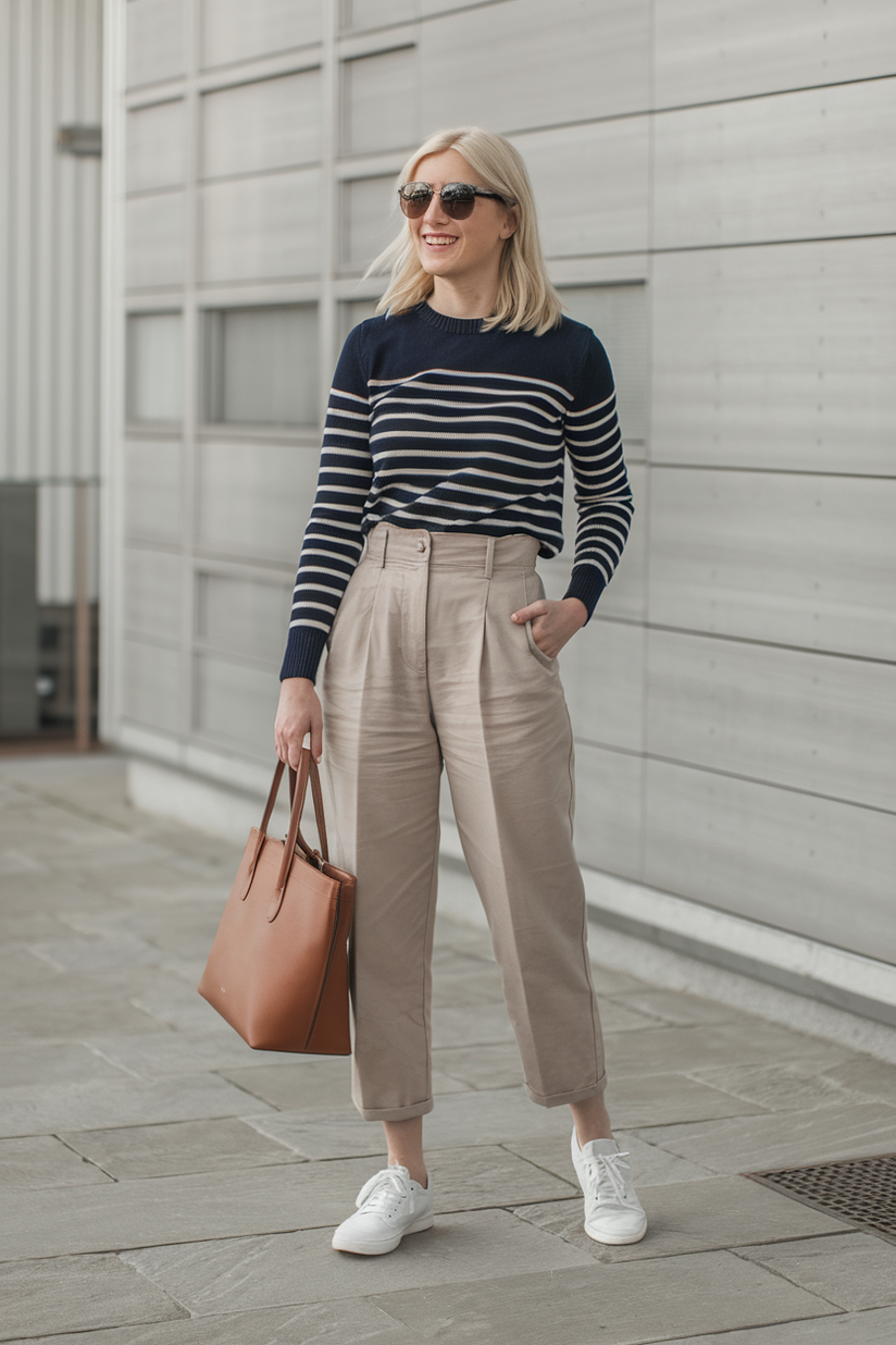 A woman wears beige chinos, a striped sweater, and white Vans for a relaxed preppy look.