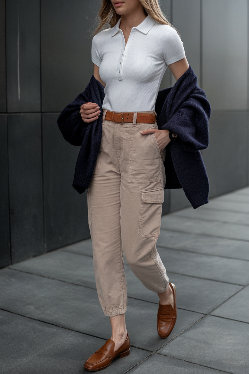 A woman wears beige cargo pants, a white polo, and brown loafers for a relaxed yet preppy aesthetic.