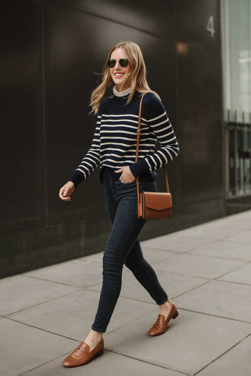 A woman wears dark-wash jeans, a striped sweater, and brown loafers, embodying a timeless preppy style.