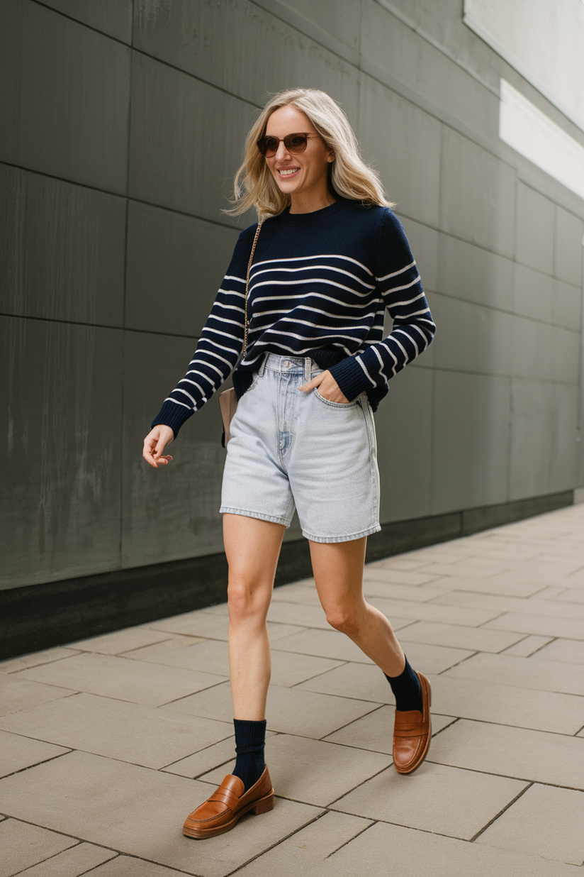 A woman wears high-waisted denim shorts, a striped sweater, and loafers for a casual preppy look.