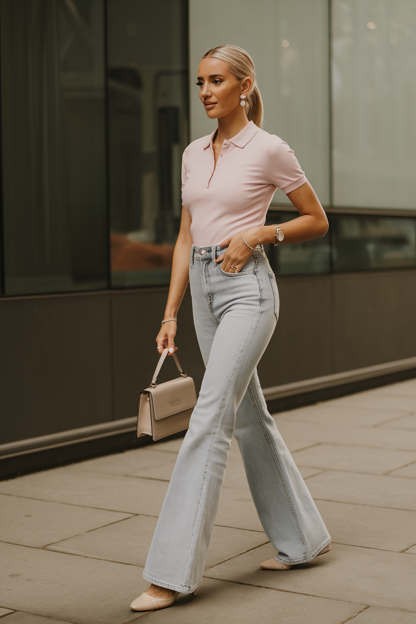 A woman in flare jeans, a pink polo, and ballet flats creates a polished preppy look.