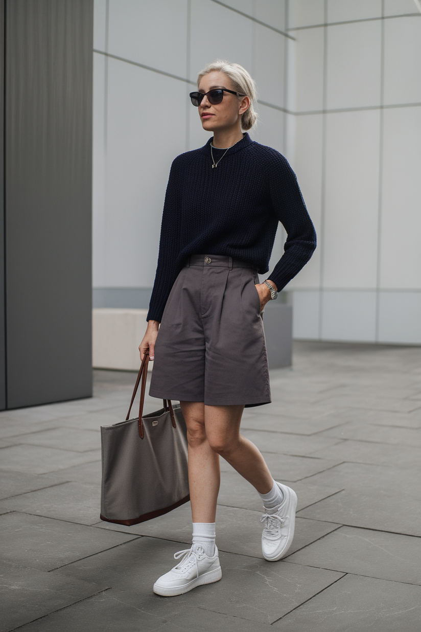 A woman wears grey chino shorts, a navy sweater, and white sneakers for a sporty preppy style.