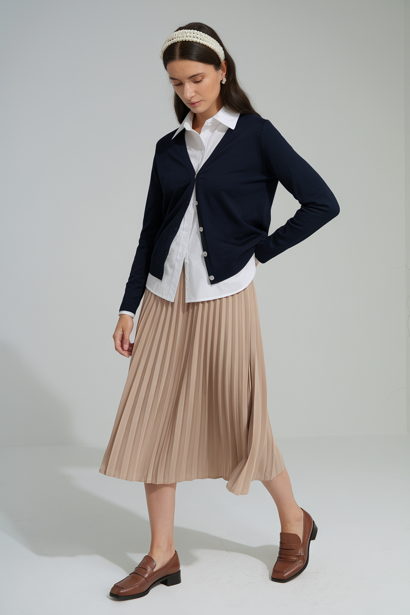 A woman in a beige pleated skirt, a navy cardigan, and a pearl headband showcases a polished preppy look.