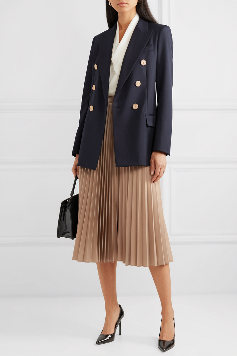 A woman in a beige pleated skirt, a navy blazer, and black heels embodies a polished preppy aesthetic.