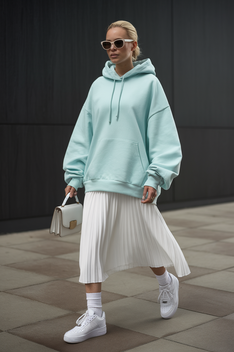 A woman wears a white pleated skirt, a pastel blue hoodie, and white sneakers for a casual preppy look.