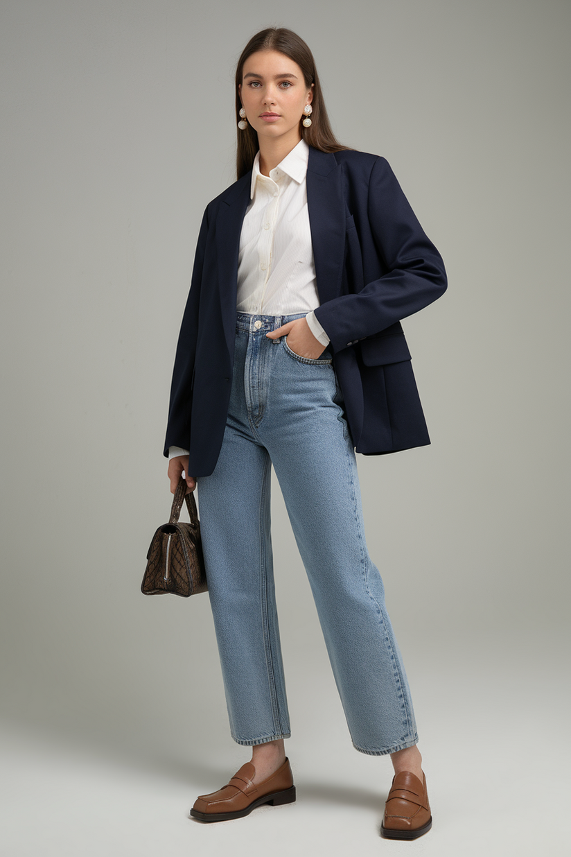 A woman in straight-leg jeans, a navy blazer, and brown loafers showcases a classic preppy look.