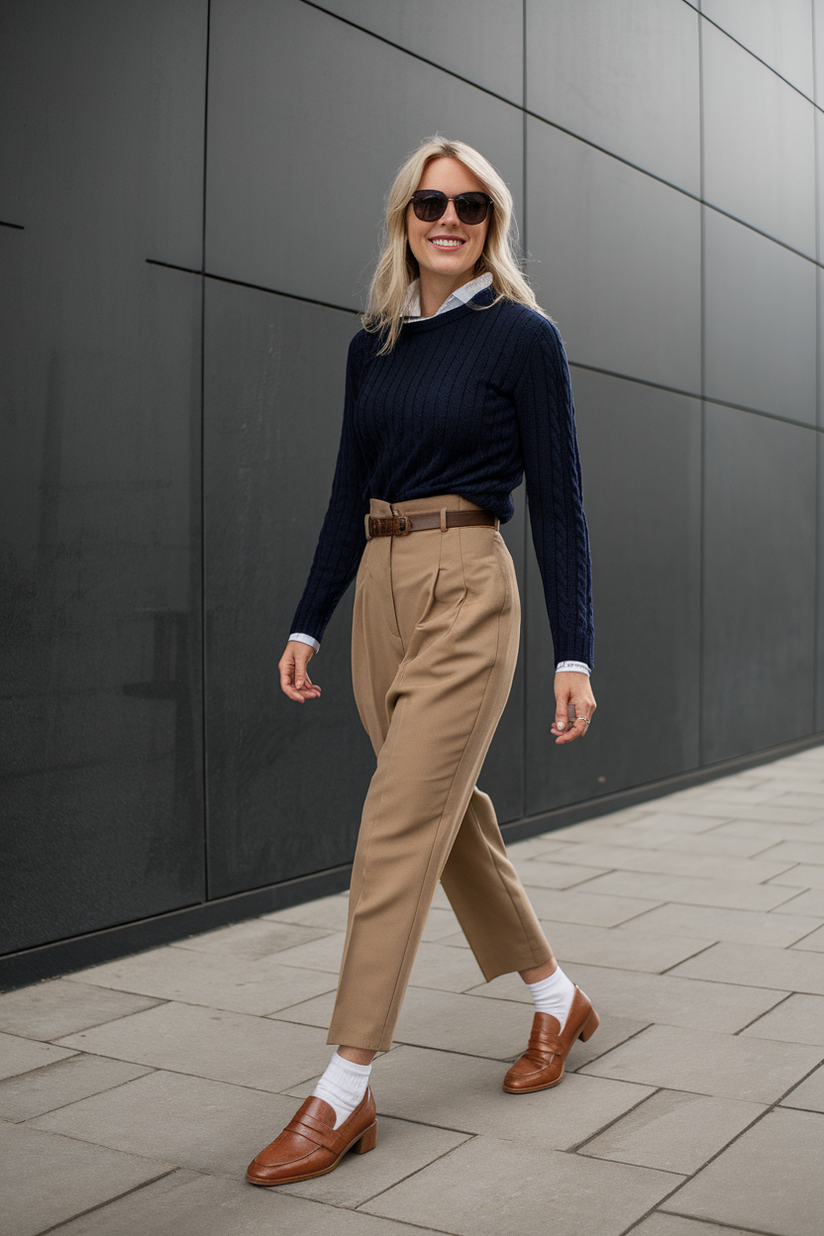 A woman in khaki trousers, a navy sweater, and brown loafers reflects timeless preppy fashion.